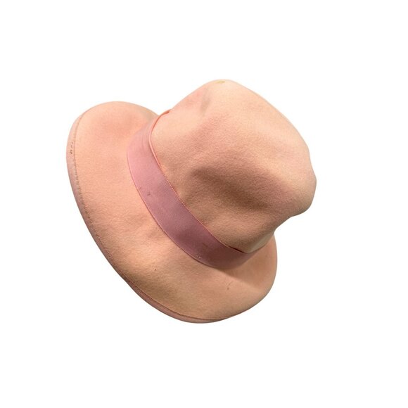 Vintage Pink Wool & Felt Ladies Fedora Hat wide bow ribbon trim READ - Picture 2 of 6